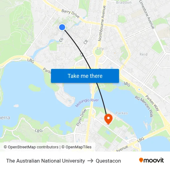 The Australian National University to Questacon map