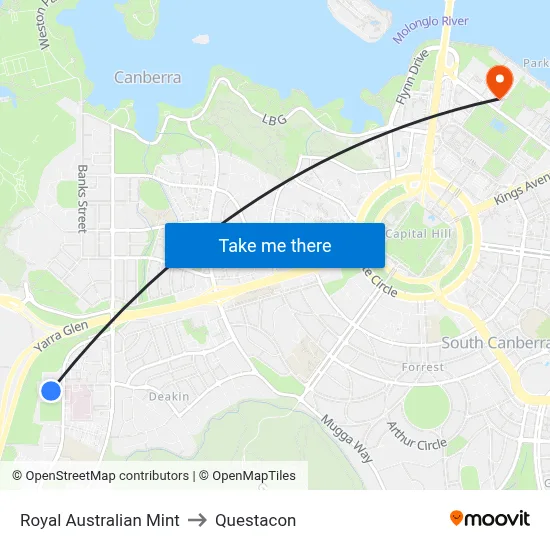 Royal Australian Mint to Questacon map
