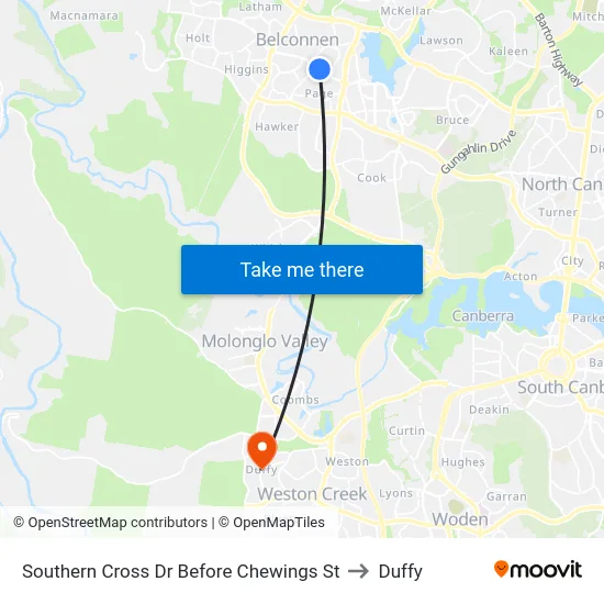 Southern Cross Dr Before Chewings St to Duffy map