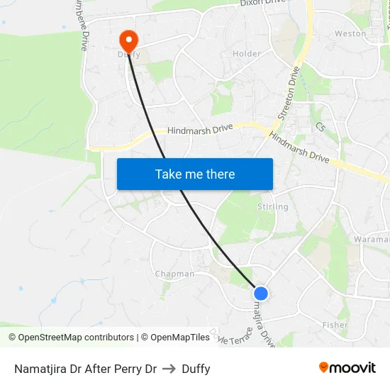 Namatjira Dr After Perry Dr to Duffy map