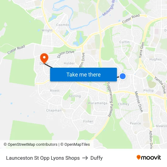 Launceston St Opp Lyons Shops to Duffy map