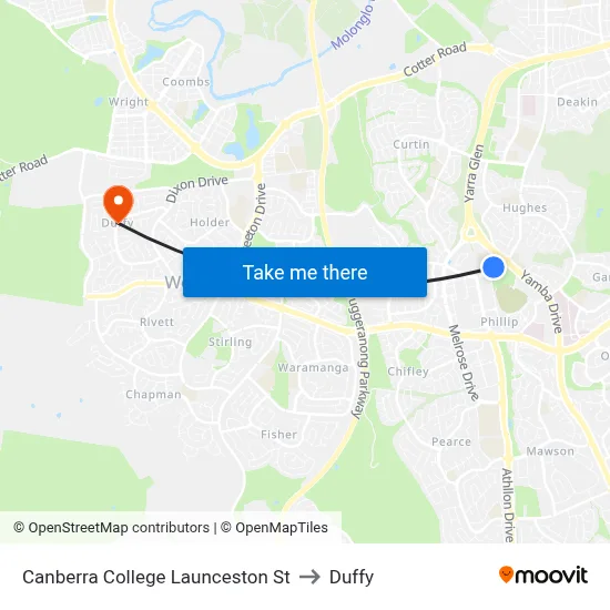Canberra College Launceston St to Duffy map