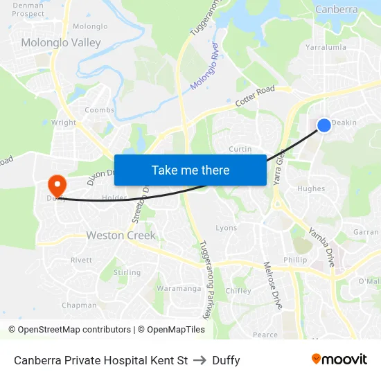 Canberra Private Hospital Kent St to Duffy map