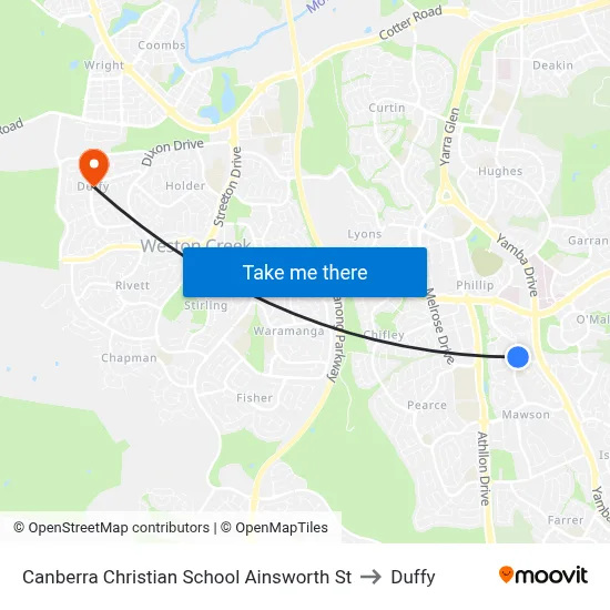 Canberra Christian School Ainsworth St to Duffy map