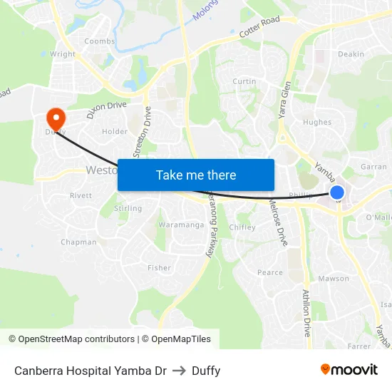 Canberra Hospital Yamba Dr to Duffy map