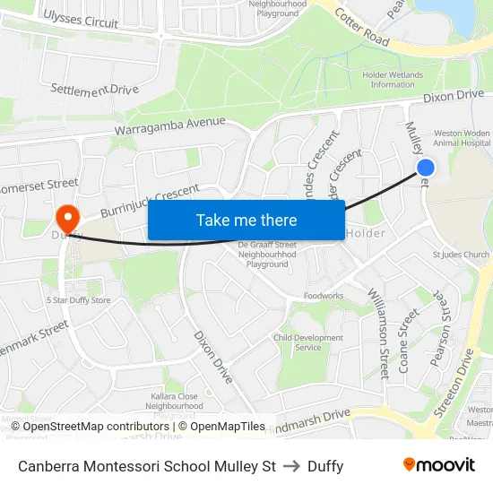 Canberra Montessori School Mulley St to Duffy map