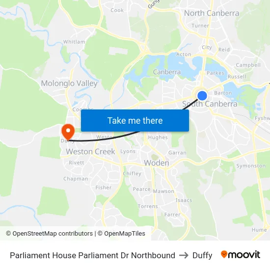 Parliament House Parliament Dr Northbound to Duffy map