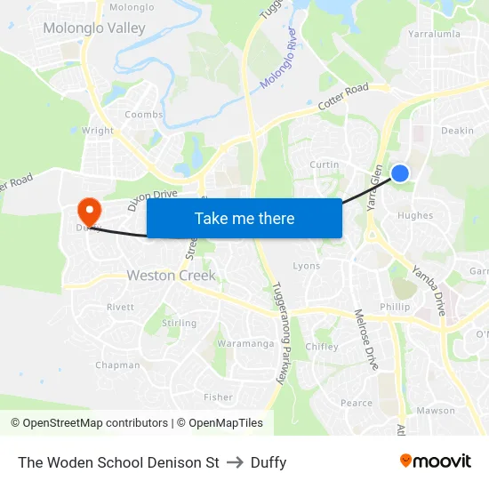 The Woden School Denison St to Duffy map