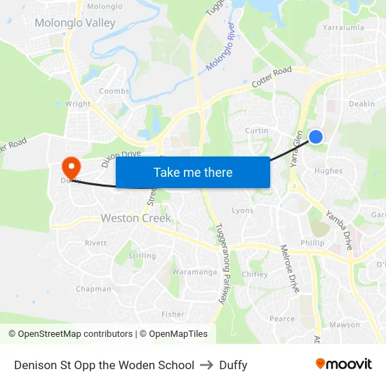 Denison St Opp the Woden School to Duffy map