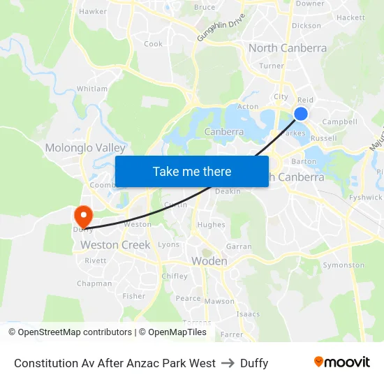 Constitution Av After Anzac Park West to Duffy map