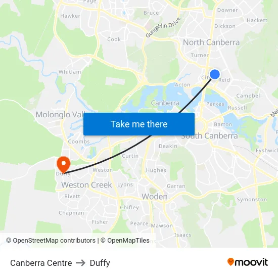 Canberra Centre to Duffy map