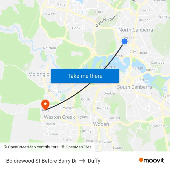 Boldrewood St Before Barry Dr to Duffy map