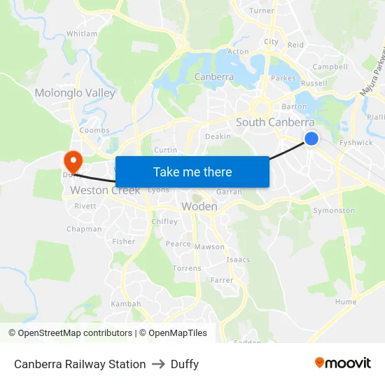 Canberra Railway Station to Duffy map
