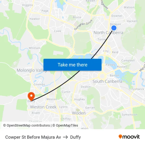 Cowper St Before Majura Av to Duffy map