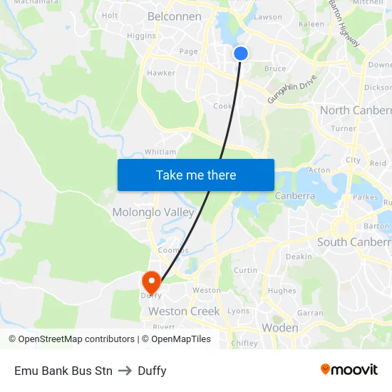 Emu Bank Bus Stn to Duffy map