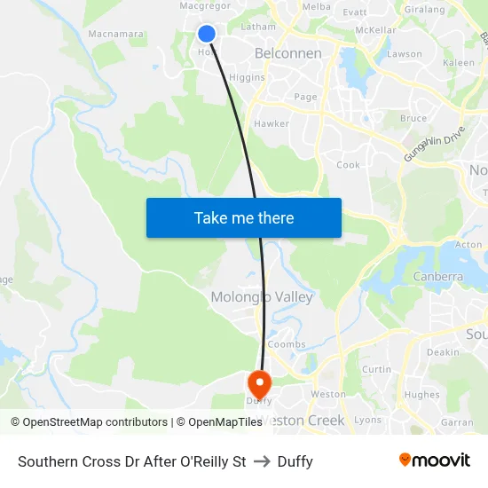 Southern Cross Dr After O'Reilly St to Duffy map