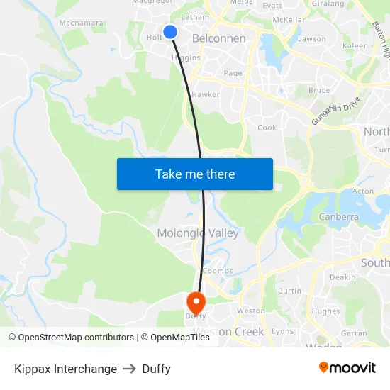 Kippax Interchange to Duffy map