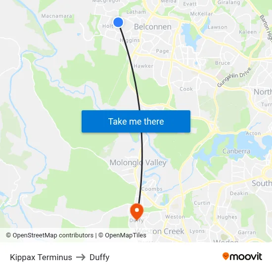 Kippax Terminus to Duffy map