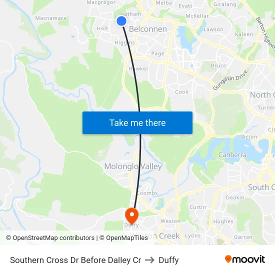 Southern Cross Dr Before Dalley Cr to Duffy map