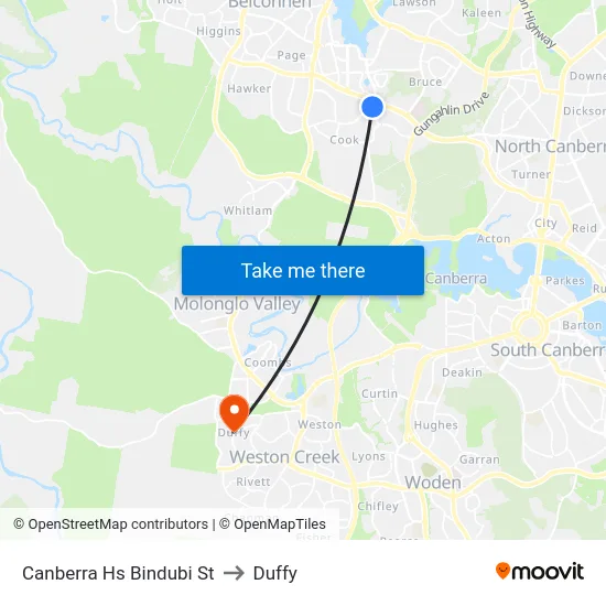 Canberra Hs Bindubi St to Duffy map