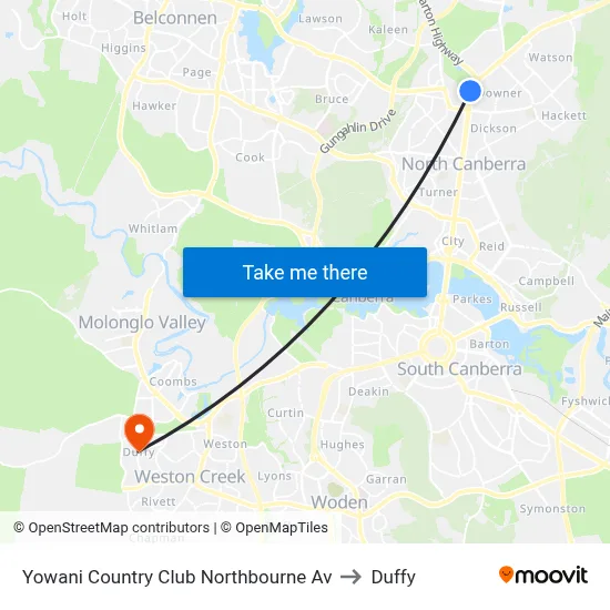 Yowani Country Club Northbourne Av to Duffy map