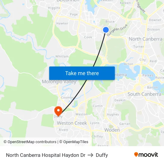 North Canberra Hospital Haydon Dr to Duffy map