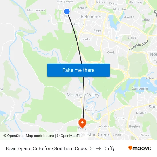 Beaurepaire Cr Before Southern Cross Dr to Duffy map