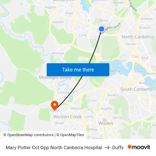 Mary Potter Cct Opp North Canberra Hospital to Duffy map