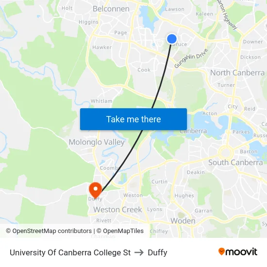 University Of Canberra College St to Duffy map