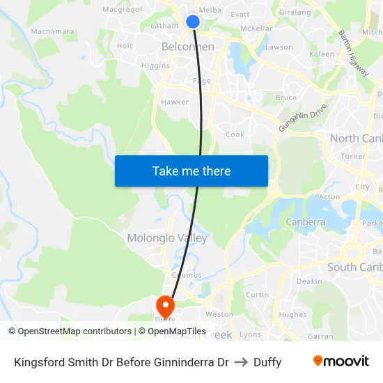 Kingsford Smith Dr Before Ginninderra Dr to Duffy map
