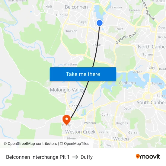 Belconnen Interchange Plt 1 to Duffy map