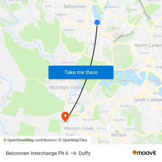 Belconnen Interchange Plt 6 to Duffy map