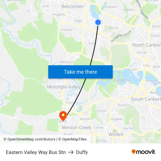 Eastern Valley Way Bus Stn to Duffy map