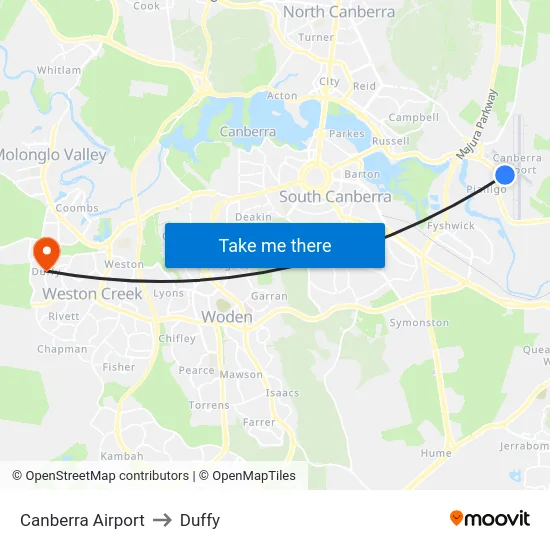 Canberra Airport to Duffy map