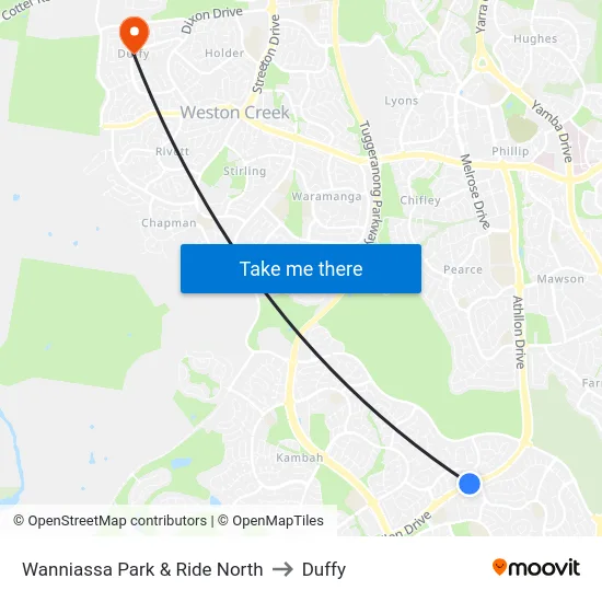 Wanniassa Park & Ride North to Duffy map