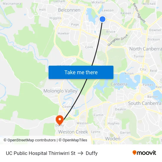 UC Public Hospital Thirriwirri St to Duffy map