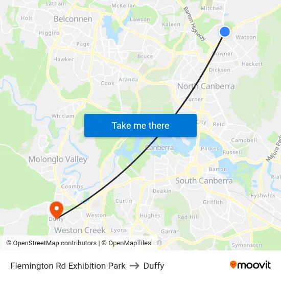 Flemington Rd Exhibition Park to Duffy map