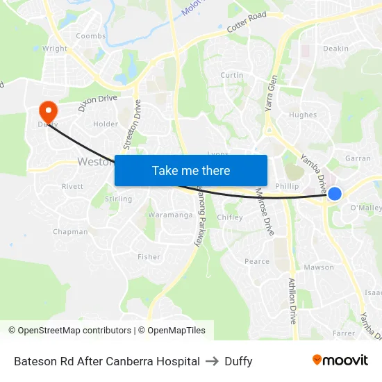 Bateson Rd After Canberra Hospital to Duffy map