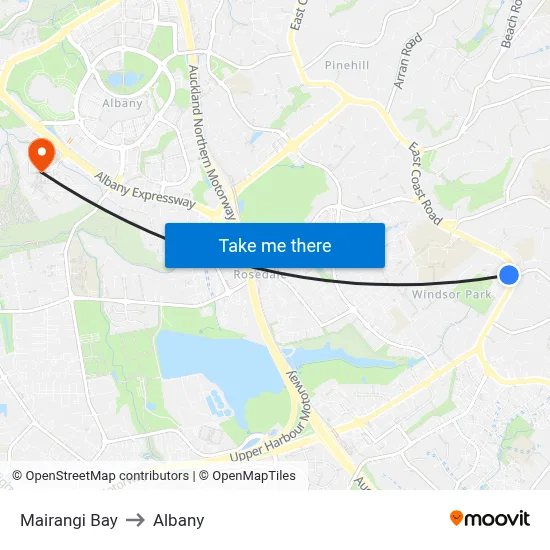 Mairangi Bay to Albany map