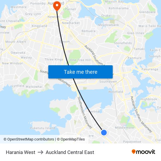 Harania West to Auckland Central East map