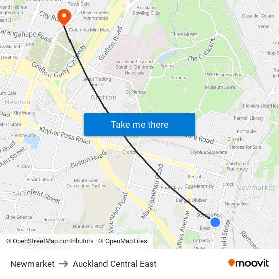 Newmarket to Auckland Central East map