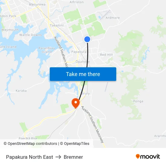 Papakura North East to Bremner map