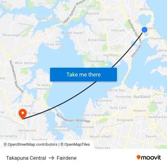 Takapuna Central to Fairdene map