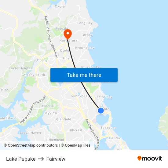 Lake Pupuke to Fairview map