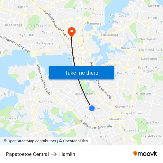 Papatoetoe Central to Hamlin map