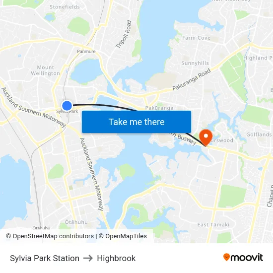 Sylvia Park Station to Highbrook map