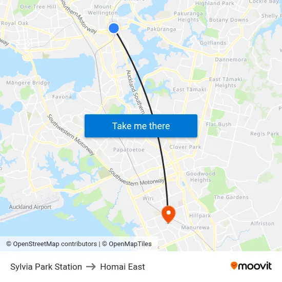 Sylvia Park Station to Homai East map