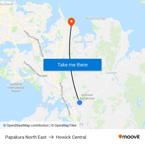 Papakura North East to Howick Central map