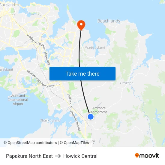 Papakura North East to Howick Central map