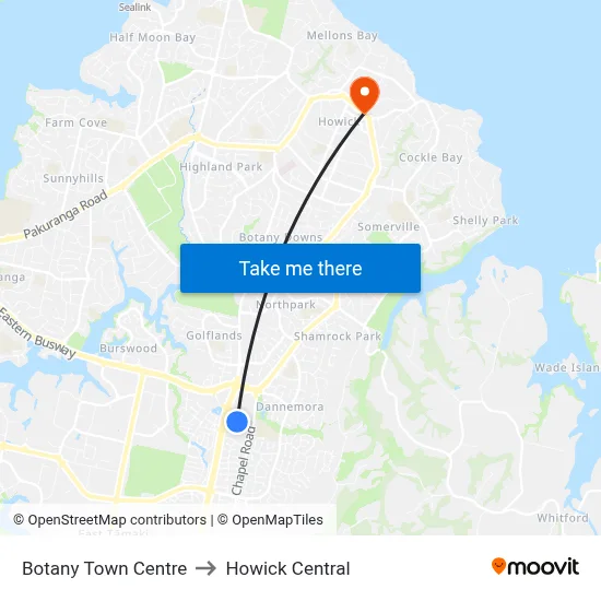 Botany Town Centre to Howick Central map